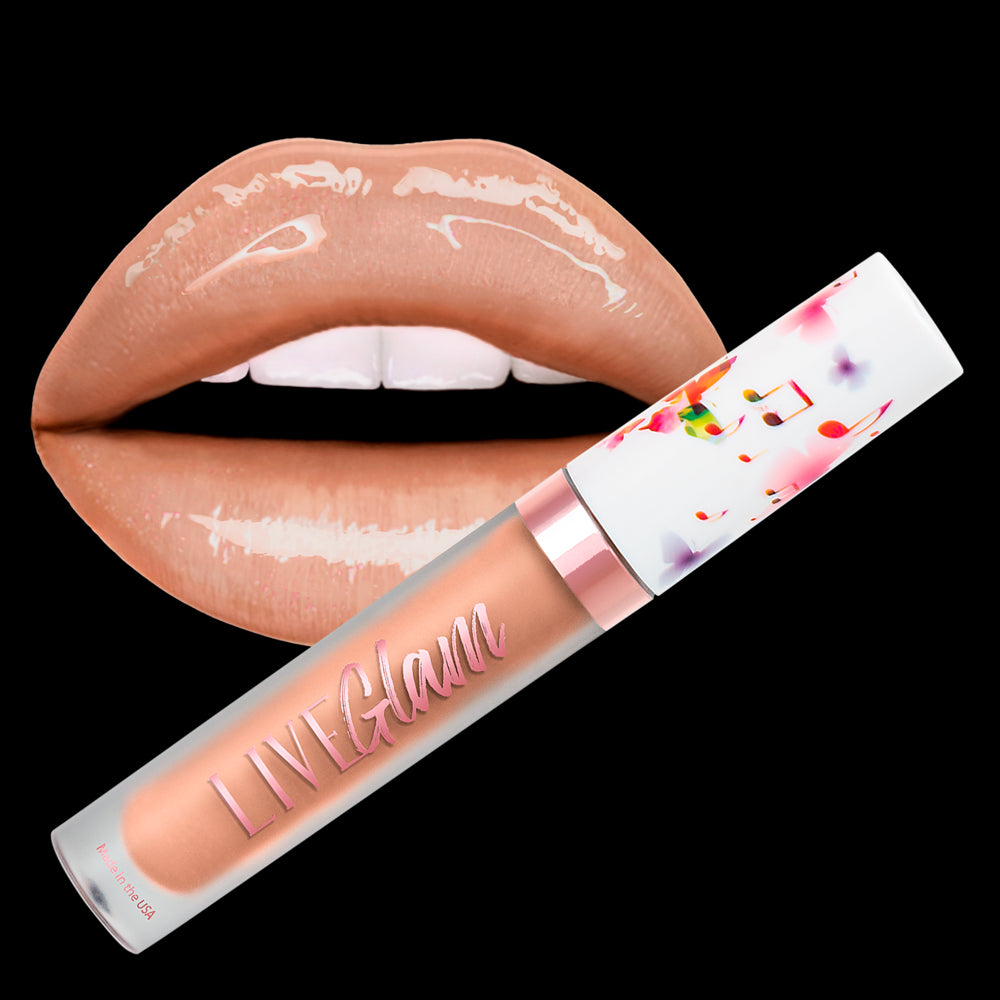 Kiss My Tulips Lippie with Musical themed cap in front of a set of lippies with the Kiss My Tulips LiveGlam gloss liquid lippie shade