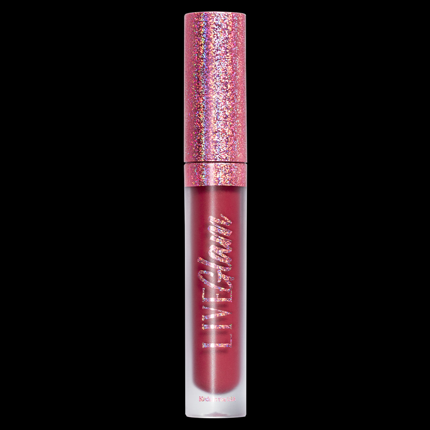 A bottle of the LiveGlam red matte liquid lippie with the pink glitter casing cap
