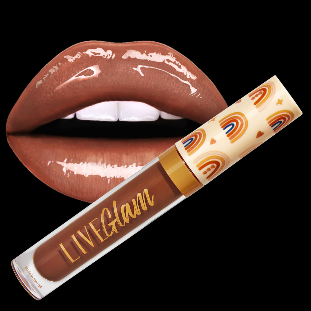 Peace and Love gloss liquid lippie in front of a pair of lips painted with the Peace and Love gloss. 