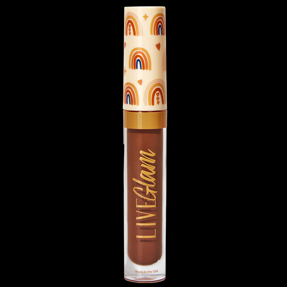 A Peace and Love Gloss Liquid Lippie, featuring Boho inspired cap design with hand-drawn stars, hearts and rainbows in skintone colors (and some navy blue as well)