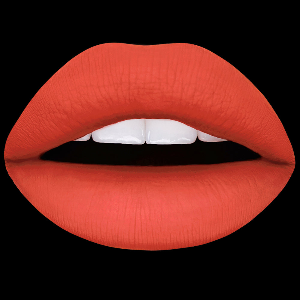 A set of lips painted with the LiveGlam red-orange matte liquid lippie 'Rose Over Bros'
