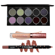 LiveGlam Moody shadow palette with Kiss My Tulips lip gloss and the Iq-Utie lip liner