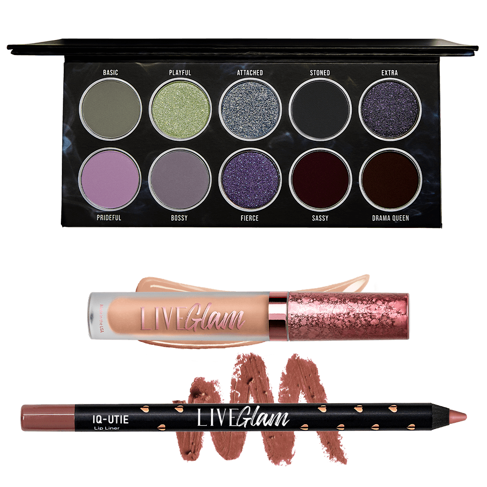 LiveGlam Moody shadow palette with Kiss My Tulips lip gloss and the Iq-Utie lip liner