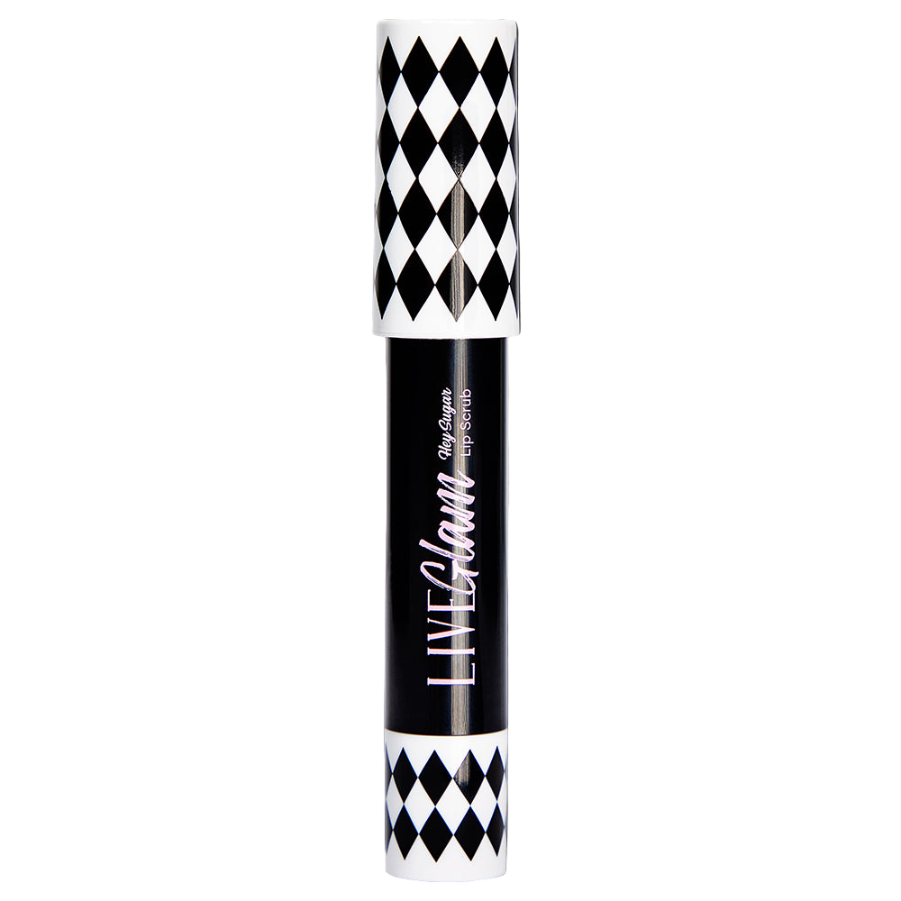 'Hey Sugar' LiveGlam lip scrub in 'Bonjour' in black casing with black & white checkered diamond pattern on the cap and the twistable end. 