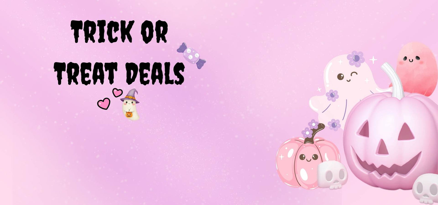 Halloween-themed promotional graphic with ghost and pumpkin cartoon characters and 'Trick or Treat Deals' text on a pink background.