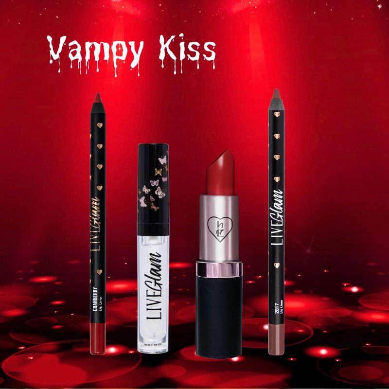 Lip makeup products including Cranberry Lip Liner, Unapologetic gloss lippie, Mami red bullet lippie and 2017 Lip liner. Products shown on a red background like a Vampire disco club; with 'Vampy Kiss' in dripping text above.