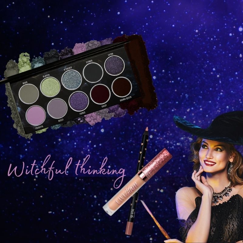 Shadow palette with 'Witchful thinking' in lavender cursive text below it and a witchy woman holding a wand and wearing a black dress and witches hat. The background is a starry night sky.